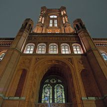 red city hall at night