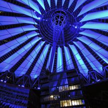 Blue illuminated dome of the Sony Center